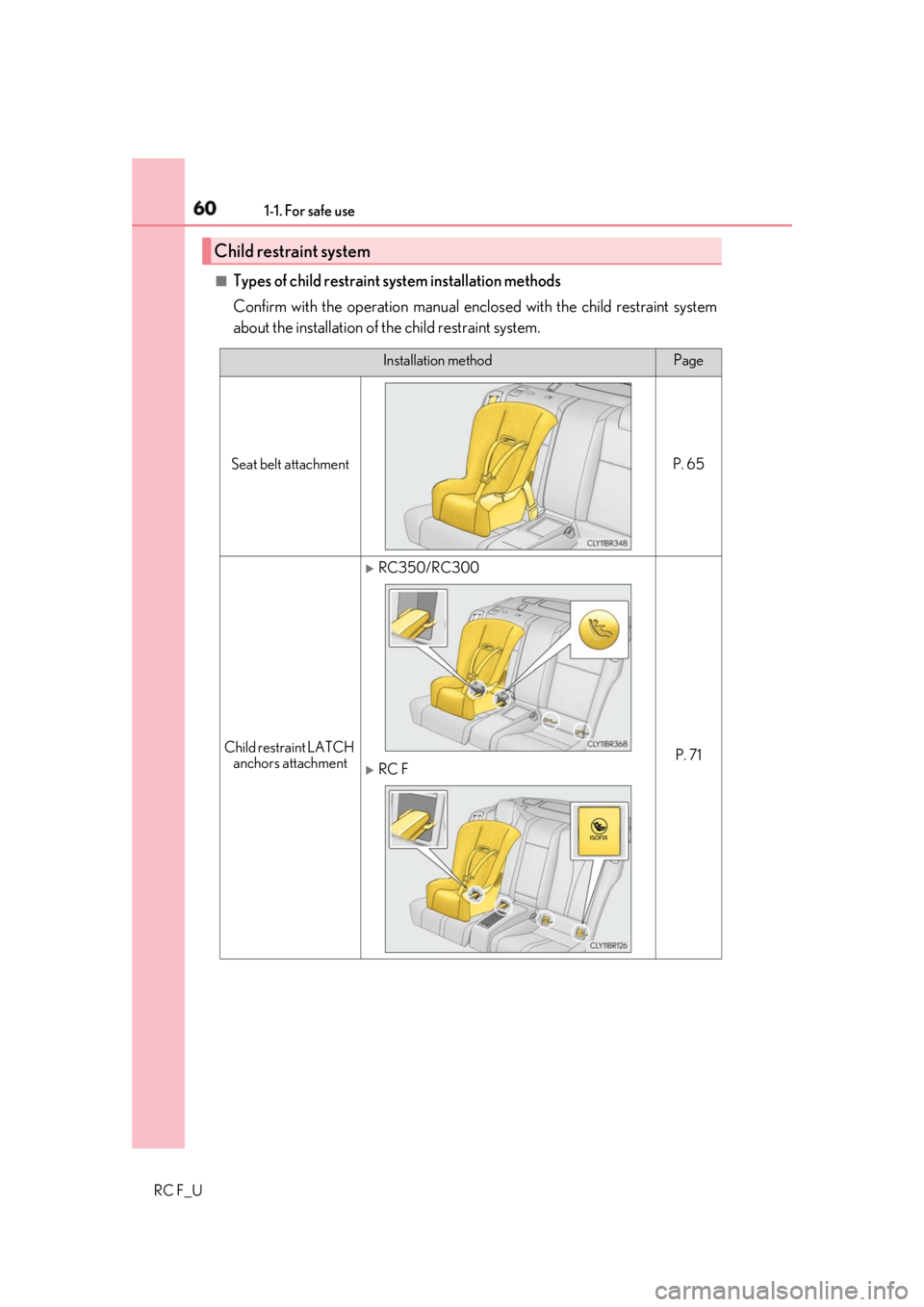 LEXUS RCF 2019  Owners Manual 60 1-1. For safe use
RC F_U ■
Types of child restraint system installation methods
Confirm with the operation manual encl osed with the child restraint system
about the installation of  the child re