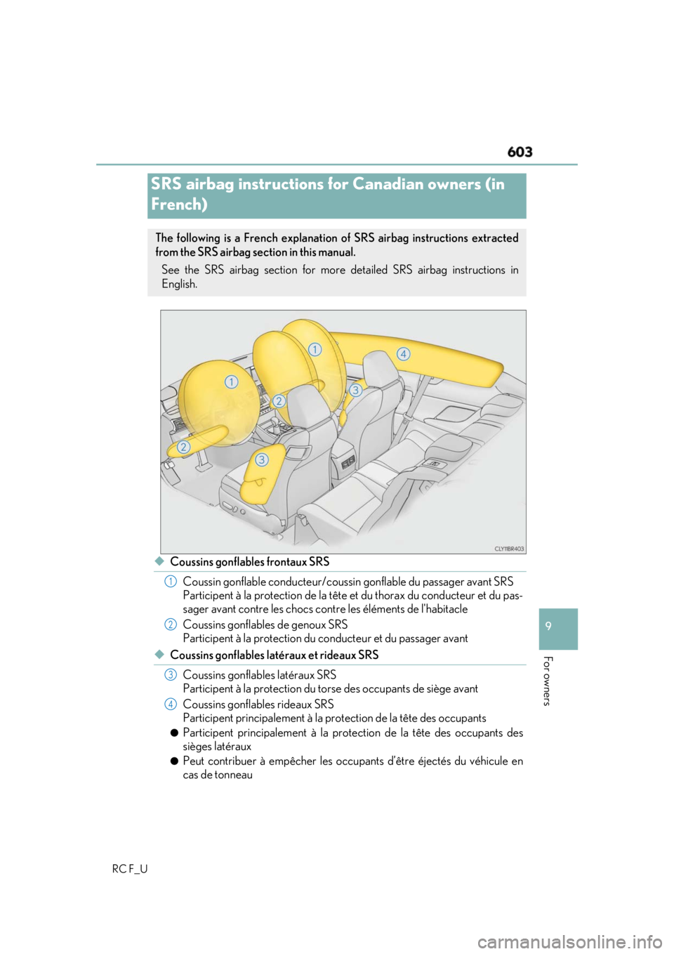 LEXUS RCF 2019  Owners Manual 603
9
For owners
RC F_U ◆ Coussins gonflables frontaux SRS
Coussin gonflable conducteur/coussin  gonflable du passager avant SRS
Participent à la protection de la tête  et du thorax du conducteur 