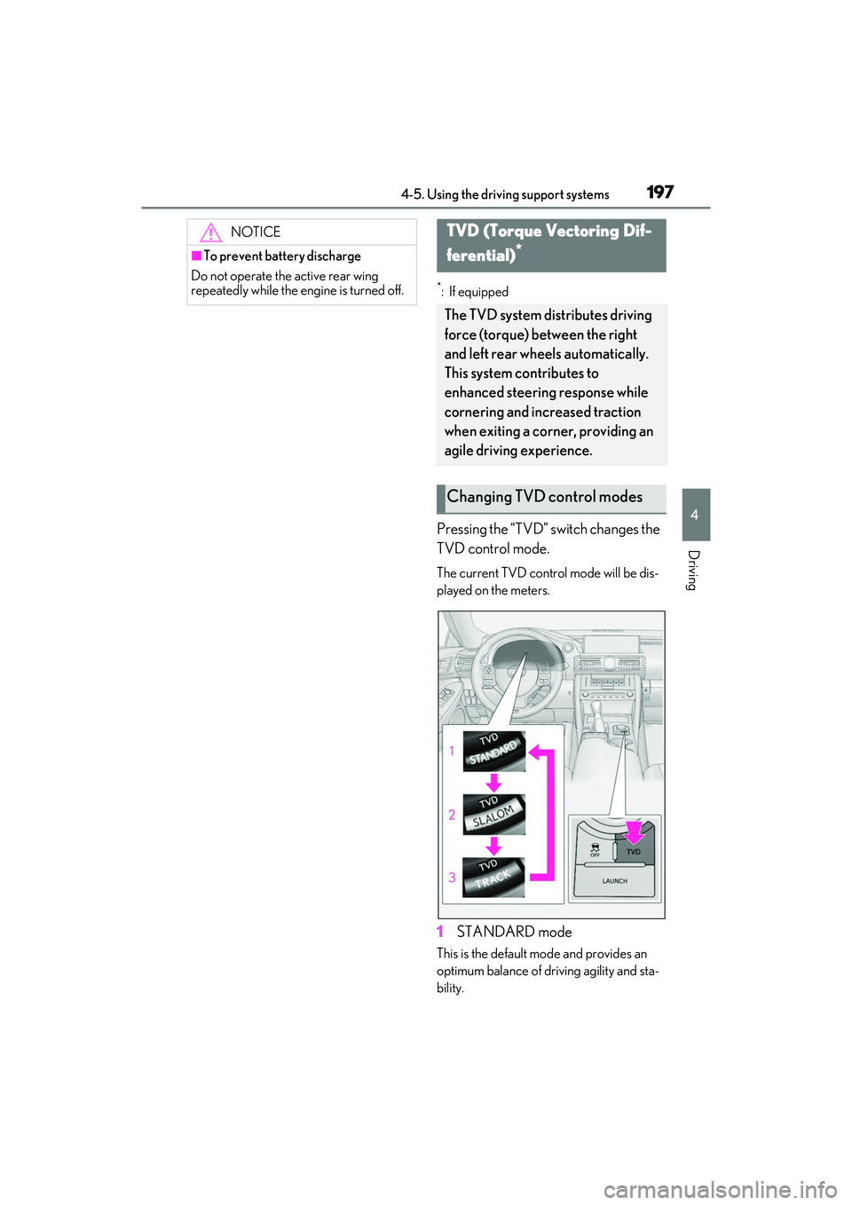 LEXUS RCF 2022  Owners Manual 1974-5. Using the driving support systems
RC F Owners Manual
4
Driving
*: If equipped
Pressing the “TVD” switch changes the 
TVD control mode.
The current TVD control mode will be dis-
played on 