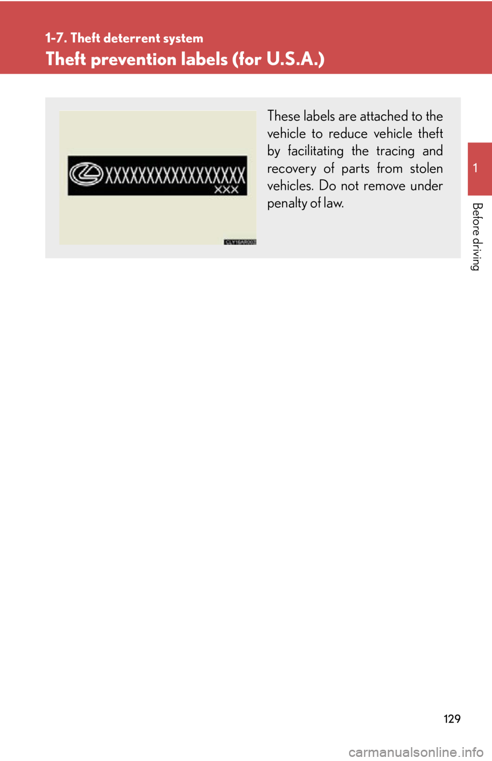 LEXUS RX450h 2015  Owners Manual 12911-7. Theft deterrent system
Before driving Theft prevention labels (for U.S.A.) These labels are  attached to the
vehicle to reduce vehicle theft
by facilitating the tracing and
recovery of parts 