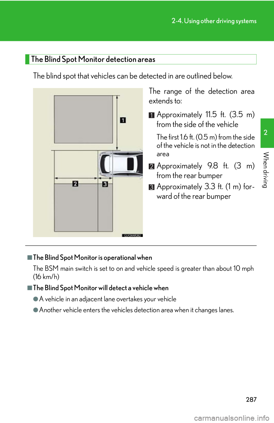 LEXUS RX450h 2015  Owners Manual 2872-4. Using other driving systems
2
When driving The Blind Spot Monitor detection areas
The blind spot that vehicles can be detected in are outlined below.
The range of the detection area
extends to