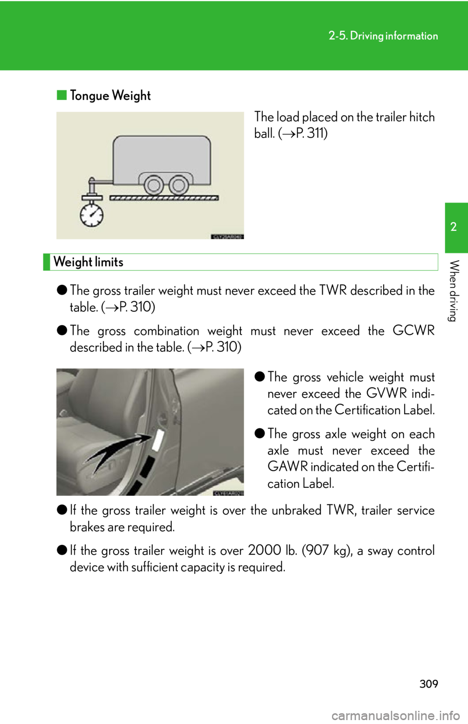 LEXUS RX450h 2015  Owners Manual 3092-5. Driving information
2
When driving ■ Tongue Weight
The load placed on  the trailer hitch
ball. (  P. 311)
Weight limits
● The gross trailer weight must neve r exceed the TWR  described 