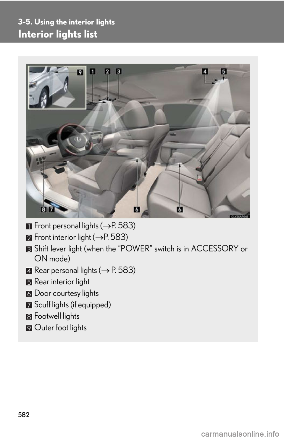 LEXUS RX450h 2015  Owners Manual 5823-5. Using the interior lights
Interior lights list
Front personal lights (  P. 583)
Front interior light (  P. 583)
Shift lever light (when the “POWER” switch is in ACCESSORY or
ON mode)