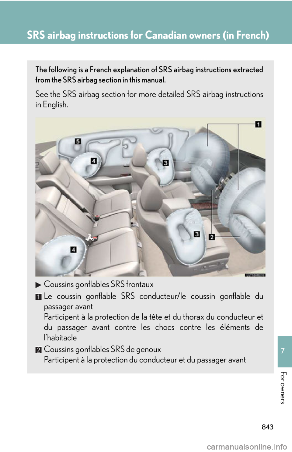 LEXUS RX450h 2015  Owners Manual 8437
For owners SRS airbag instructions for Canadian owners (in French) The following is a French explanation of SRS airbag instructions extracted
from the SRS airbag section in this manual.
See the S