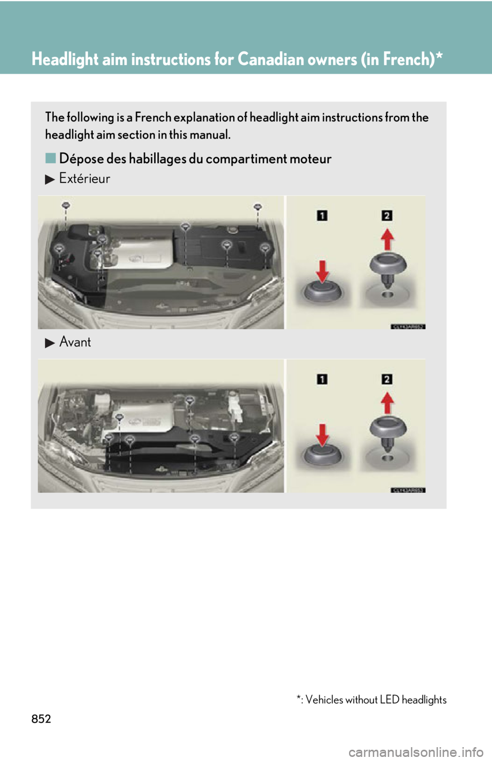 LEXUS RX450h 2015  Owners Manual 852Headlight aim instructions for  Canadian owners (in French) *
*: Vehicles without LED headlightsThe following is a French explanation of headlight aim instructions from the
headlight aim section in
