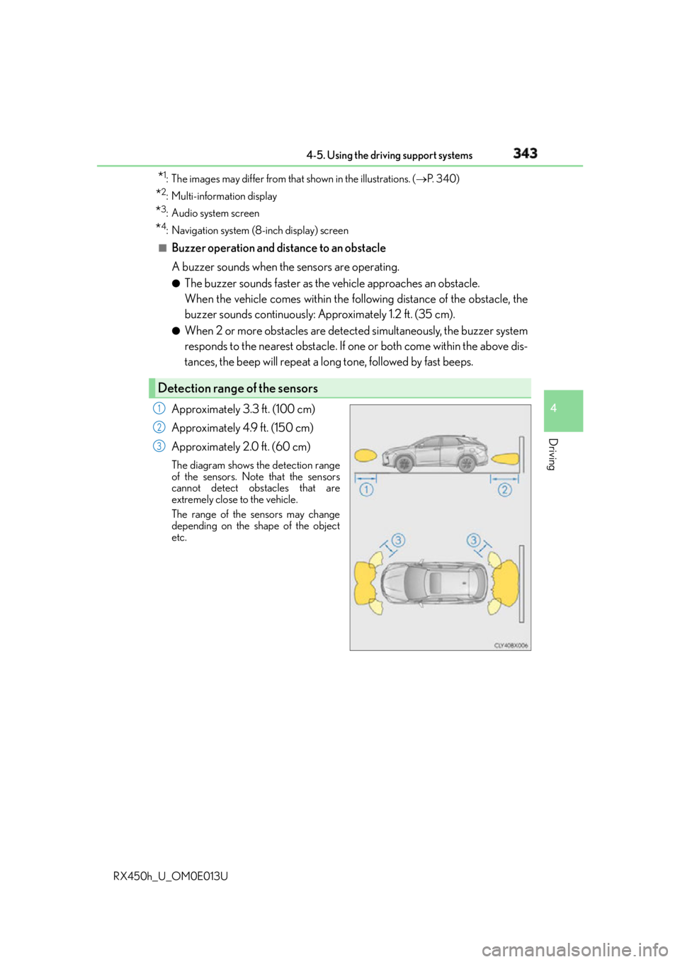 LEXUS RX450h 2016  Owners Manual 3434-5. Using the driving support systems
4
Driving
RX450h_U_OM0E013U * 1
: The images may differ from that shown in the illustrations. (  P.  3 4 0 )
* 2
: Multi-information display
* 3
: Audio sy