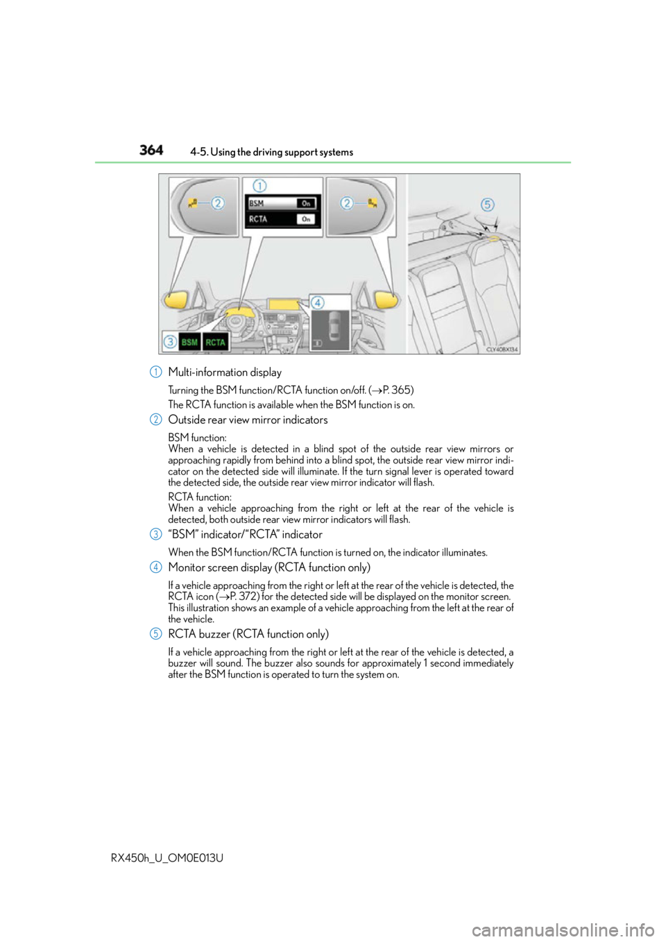 LEXUS RX450h 2016  Owners Manual 364 4-5. Using the driving support systems
RX450h_U_OM0E013U Multi-information display Turning the BSM function/RCTA function on/off. (  P.  3 6 5 )
The RCTA function is available when the BSM func