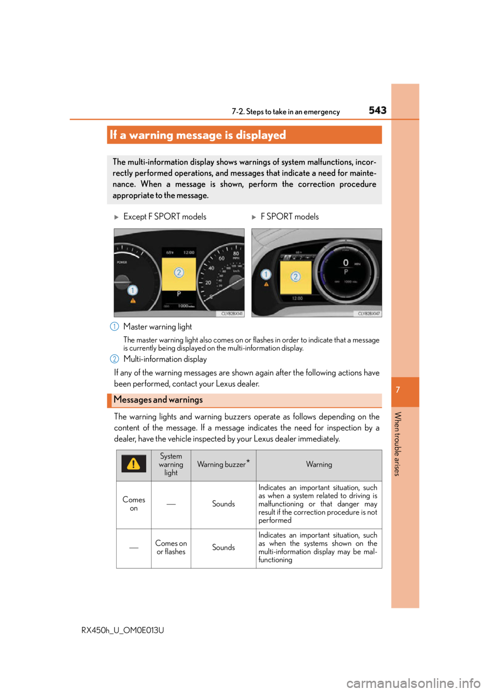 LEXUS RX450h 2016 Owners Manual 5437-2. Steps to take in an emergency
7
When trouble arises
RX450h_U_OM0E013U The warning lights and warning buzzers operate as follows depending on the
content of the message. If a message in dicate LEXUS RX450h 2016 Owners Manual 5437-2. Steps to take in an emergency
7
When trouble arises
RX450h_U_OM0E013U The warning lights and warning buzzers operate as follows depending on the
content of the message. If a message in dicate