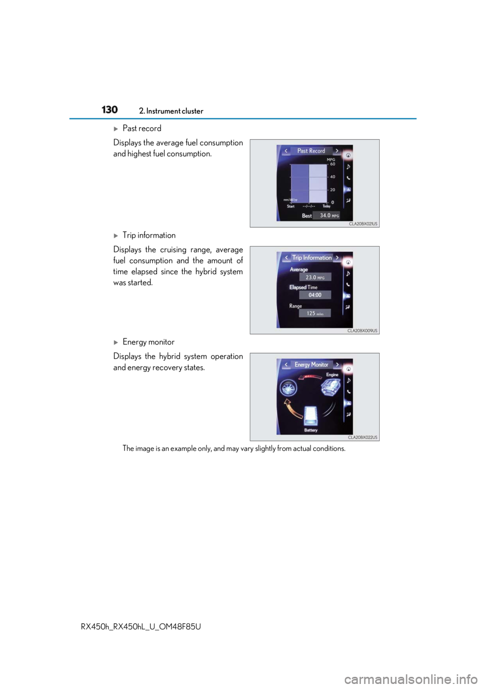 LEXUS RX450h 2018  Owners Manual 130 2. Instrument cluster
RX450h_RX450hL _U_OM48F85U 
Past record
Displays the average fuel consumption
and highest fuel consumption. 
Trip information
Displays the cruising range, average
fuel 