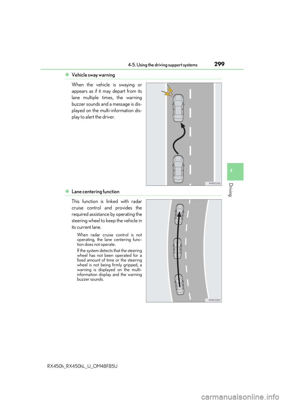 LEXUS RX450h 2018  Owners Manual 2994-5. Using the driving support systems
4
Driving
RX450h_RX450hL _U_OM48F85U◆ Vehicle sway warning
When the vehicle is swaying or
appears as if it may depart from its
lane multiple times, the warn