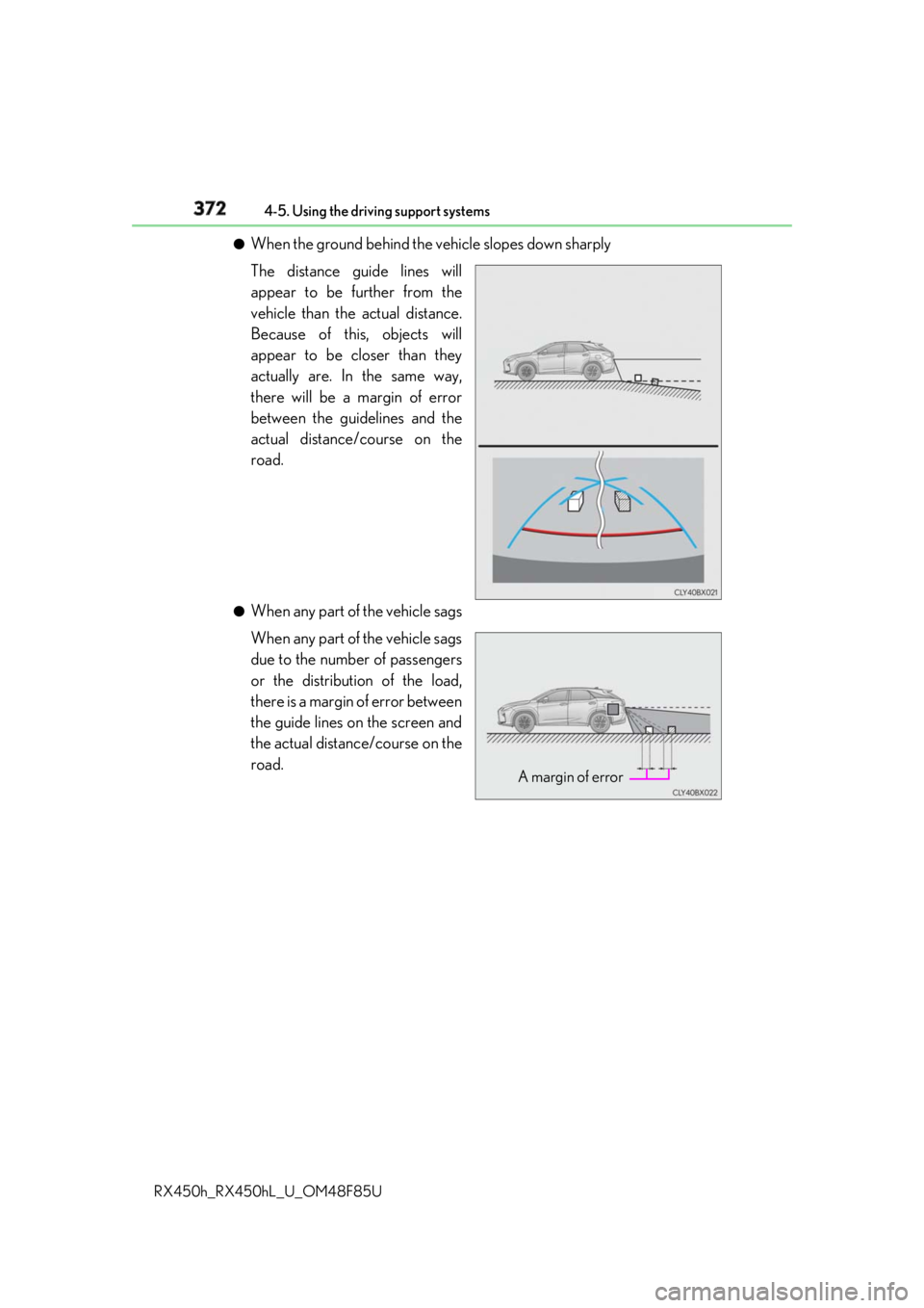 LEXUS RX450h 2018  Owners Manual 372 4-5. Using the driving support systems
RX450h_RX450hL _U_OM48F85U●
When the ground behind the vehicle slopes down sharply
The distance guide lines will
appear to be further from the
vehicle than