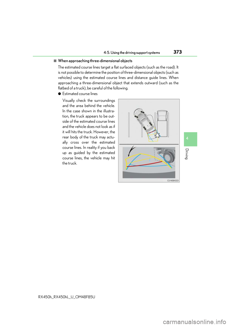 LEXUS RX450h 2018  Owners Manual 3734-5. Using the driving support systems
4
Driving
RX450h_RX450hL _U_OM48F85U■
When approaching three-dimensional objects
The estimated course lines target a flat  surfaced objects (such as the roa