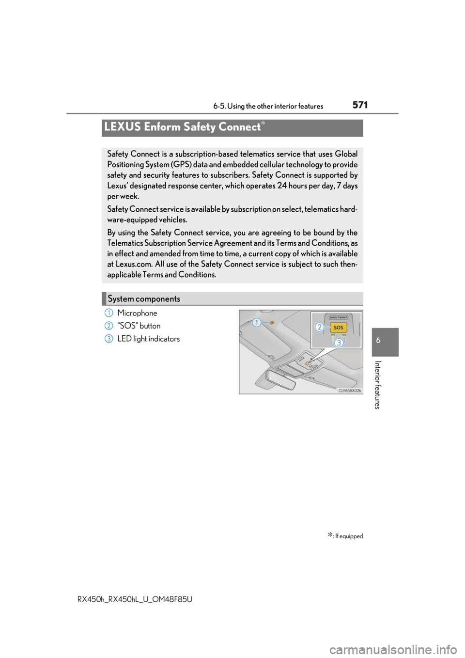 LEXUS RX450h 2018  Owners Manual 5716-5. Using the other interior features
6
Interior features
RX450h_RX450hL _U_OM48F85UMicrophone
“SOS” button
LED light indicatorsLEXUS Enform Safety Connect ∗
∗ : If equippedSafety Connect 