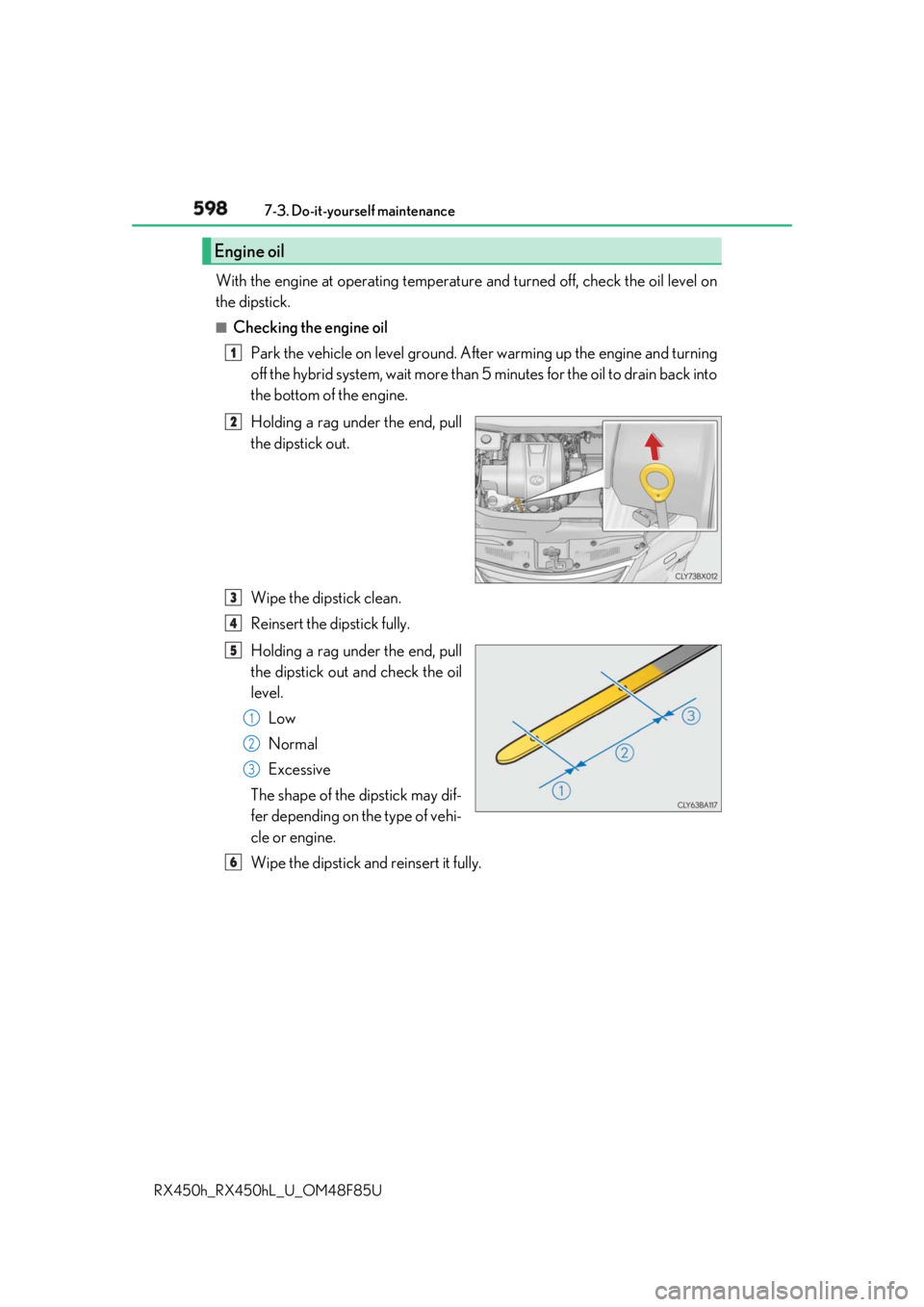 LEXUS RX450h 2018  Owners Manual 598 7-3. Do-it-yourself maintenance
RX450h_RX450hL _U_OM48F85UWith the engine at operating temperatur e and turned off, check the oil level on
the dipstick. ■
Checking the engine oil
Park the vehicl