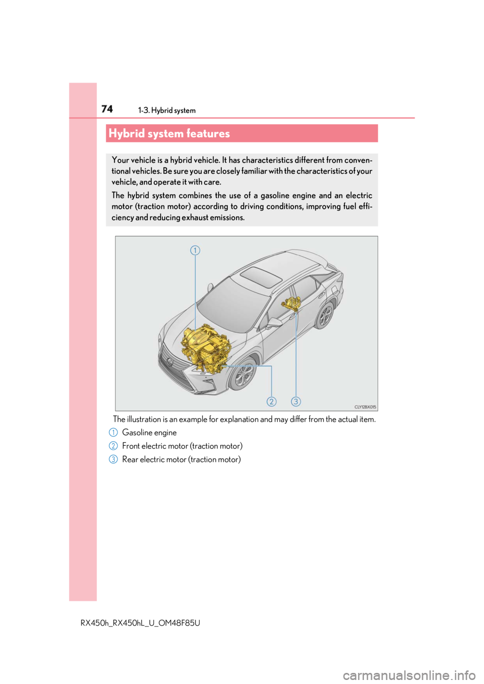 LEXUS RX450h 2018  Owners Manual 74
RX450h_RX450hL _U_OM48F85U1-3. Hybrid system
The illustration is an example for explan ation and may differ from the actual item.
Gasoline engine
Front electric motor (traction motor)
Rear electric