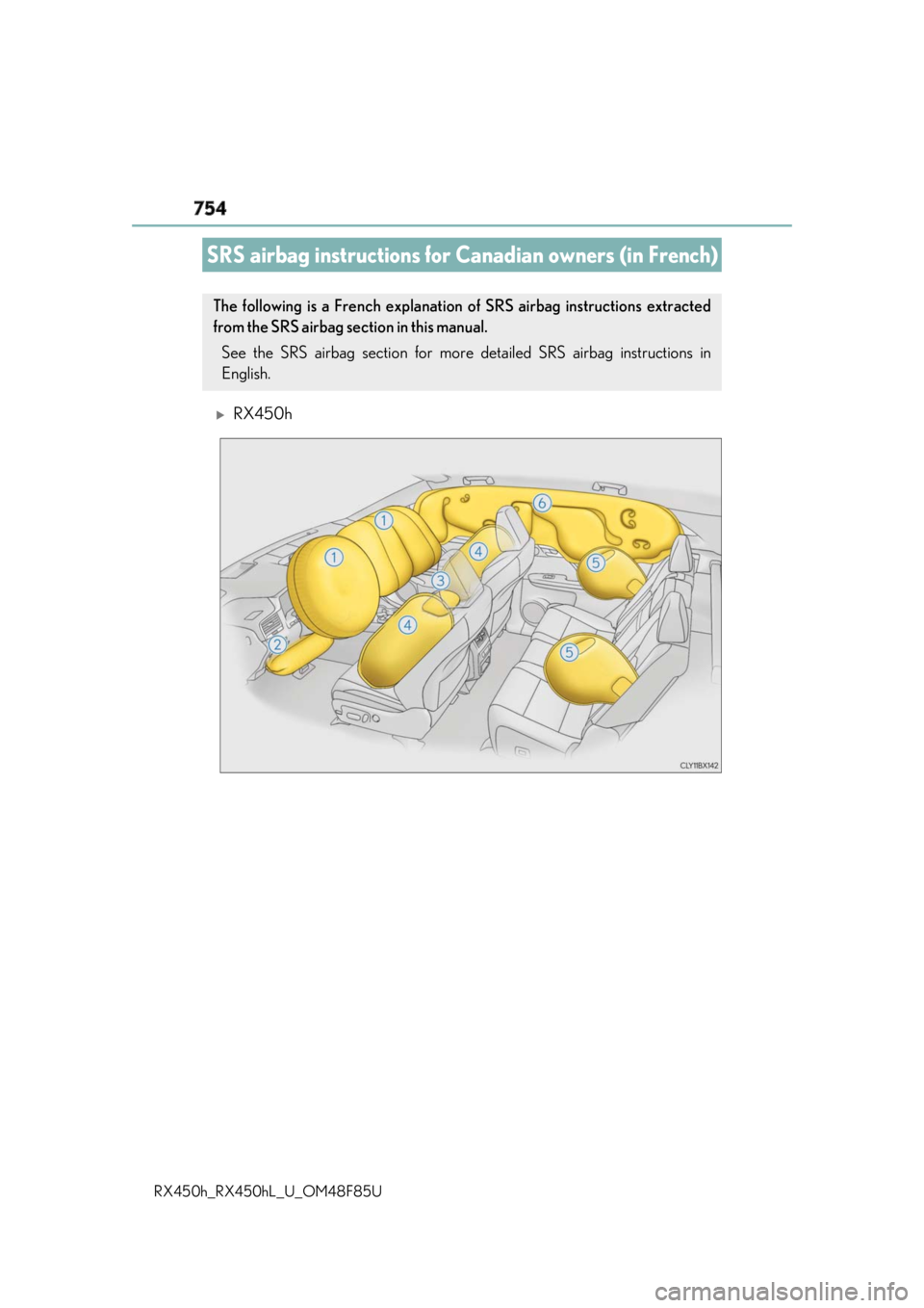 LEXUS RX450h 2018  Owners Manual 754
RX450h_RX450hL _U_OM48F85U 
RX450h
SRS airbag instructions for Ca nadian owners (in French)The following is a French explanation  of SRS airbag instructions extracted
from the SRS airbag sectio