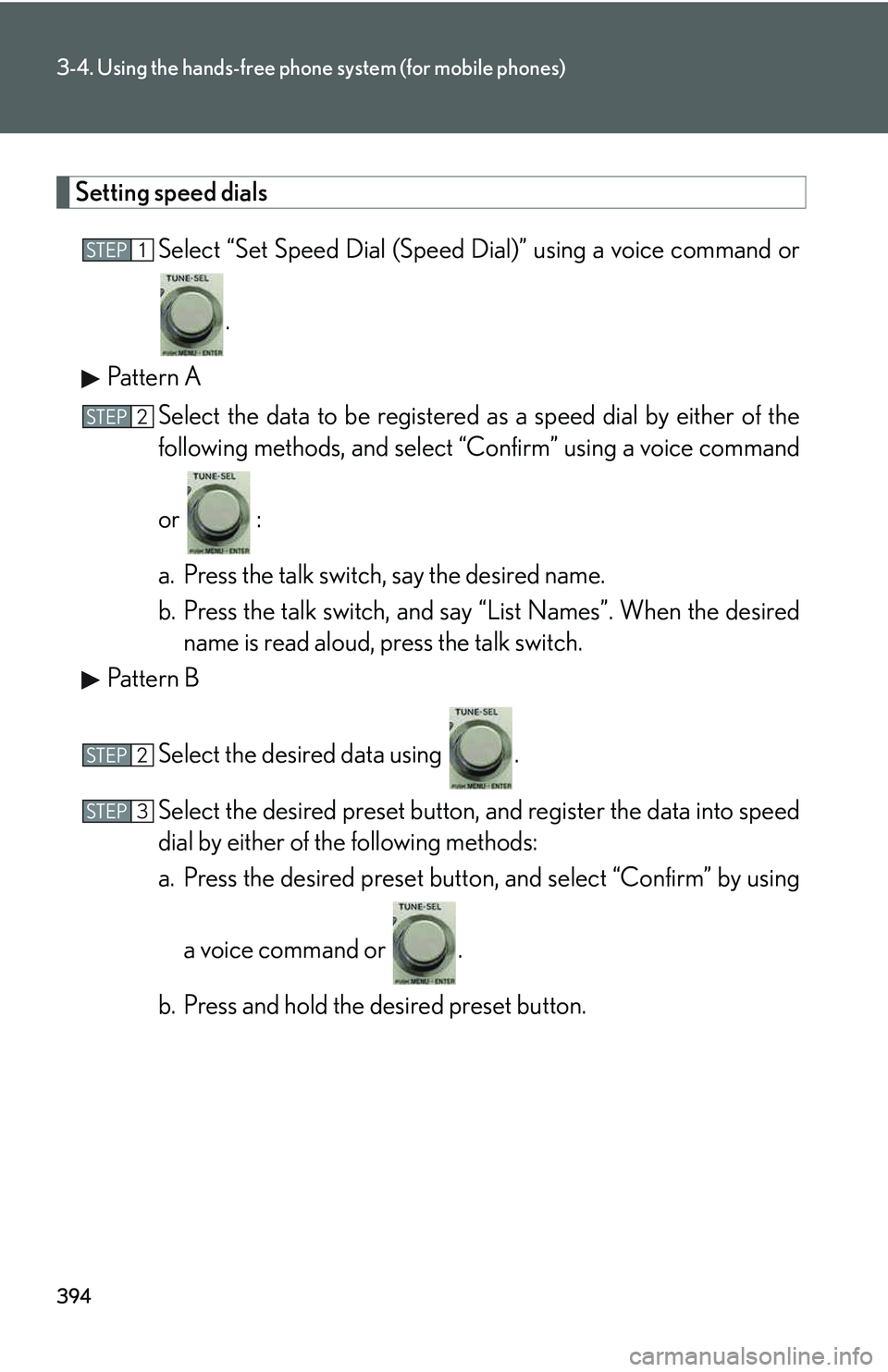 LEXUS RX350 2011  Owners Manual 394
3-4. Using the hands-free phone system (for mobile phones)
Setting speed dials
Select “Set Speed Dial (Speed Dial)” using a voice command or
.
Pattern A
Select the data to be registered as a s
