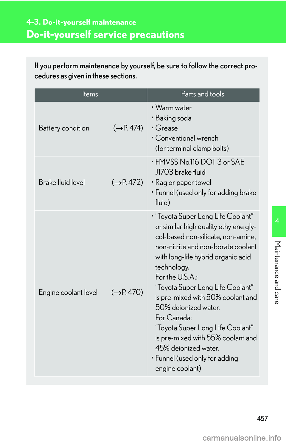 LEXUS RX350 2011  Owners Manual 457
4

Maintenance and care
4-3. Do-it-yourself maintenance
Do-it-yourself service precautions
If you perform maintenance by yourself, be sure to follow the correct pro-
cedures as given in these sect