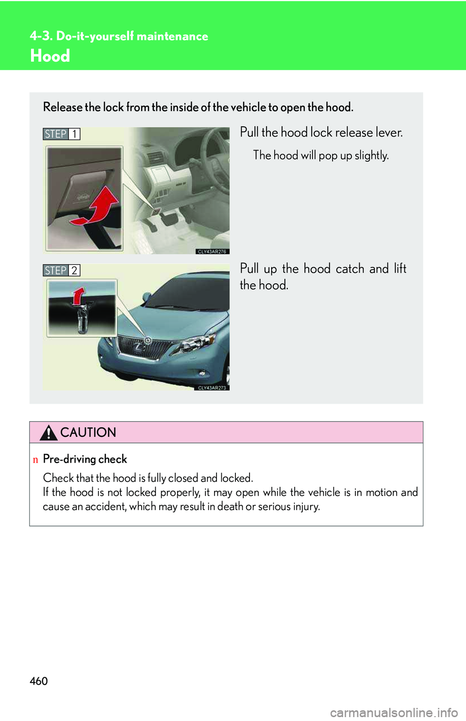 LEXUS RX350 2011  Owners Manual 460
4-3. Do-it-yourself maintenance
Hood
CAUTION
nPre-driving check
Check that the hood is fully closed and locked. 
If the hood is not locked properly, it may open while the vehicle is in motion and
