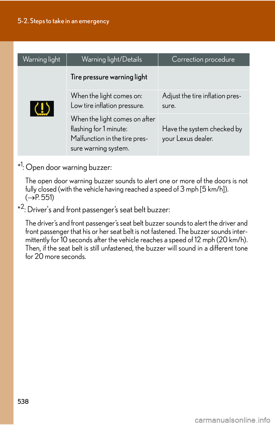 LEXUS RX350 2011  Owners Manual 538
5-2. Steps to take in an emergency
*1: Open door warning buzzer:
The open door warning buzzer sounds to alert one or more of the doors is not
fully closed (with the vehicle having reached a speed 