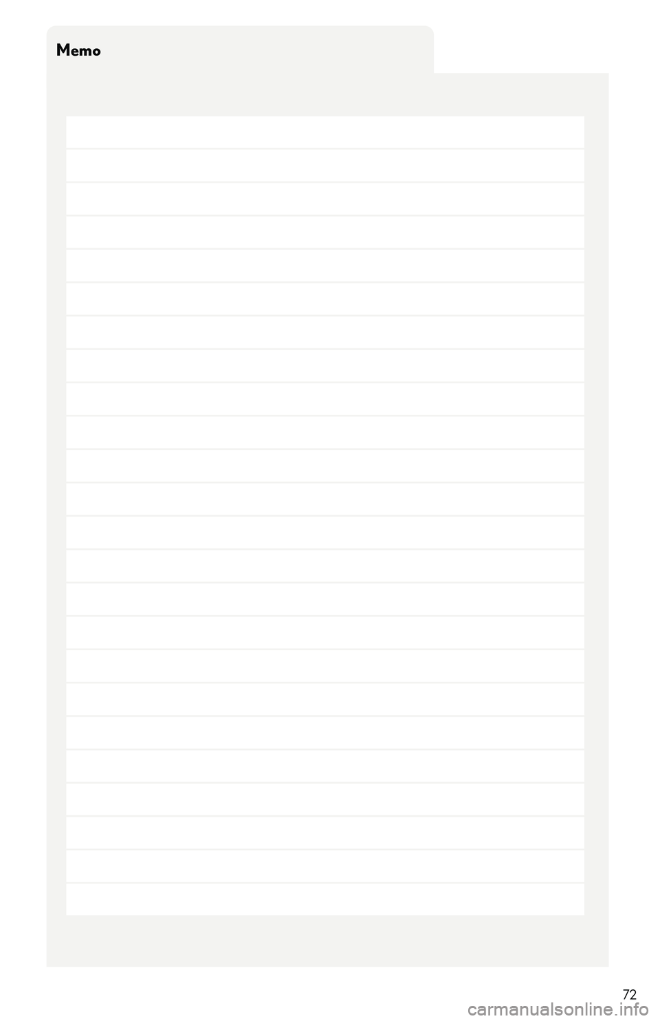 LEXUS RX350 2011  Owners Manual 72
Memo 