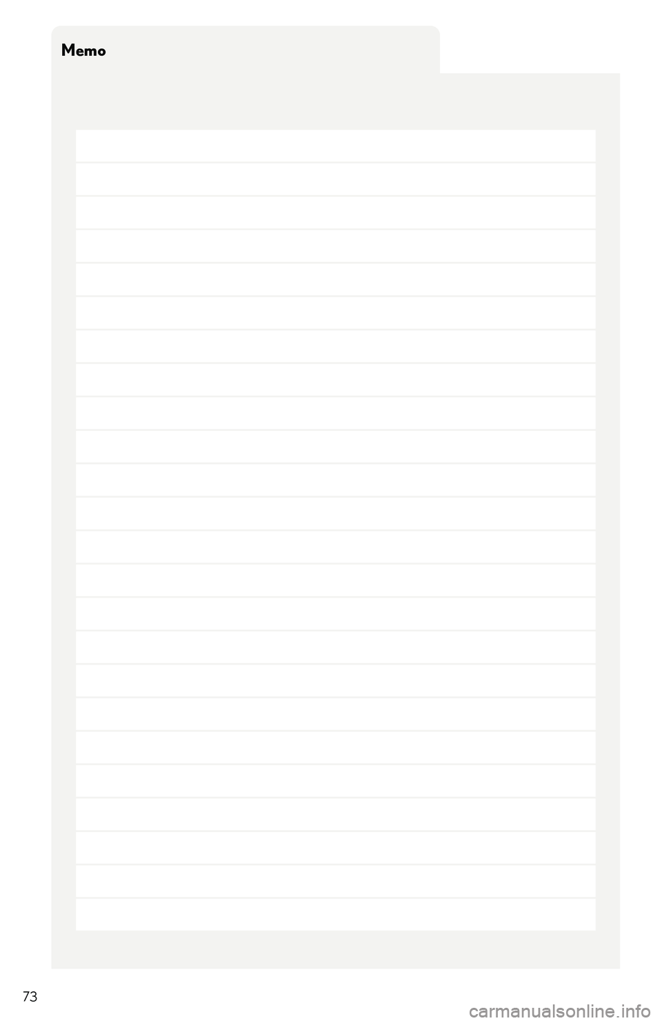 LEXUS RX350 2011  Owners Manual 73
Memo 
