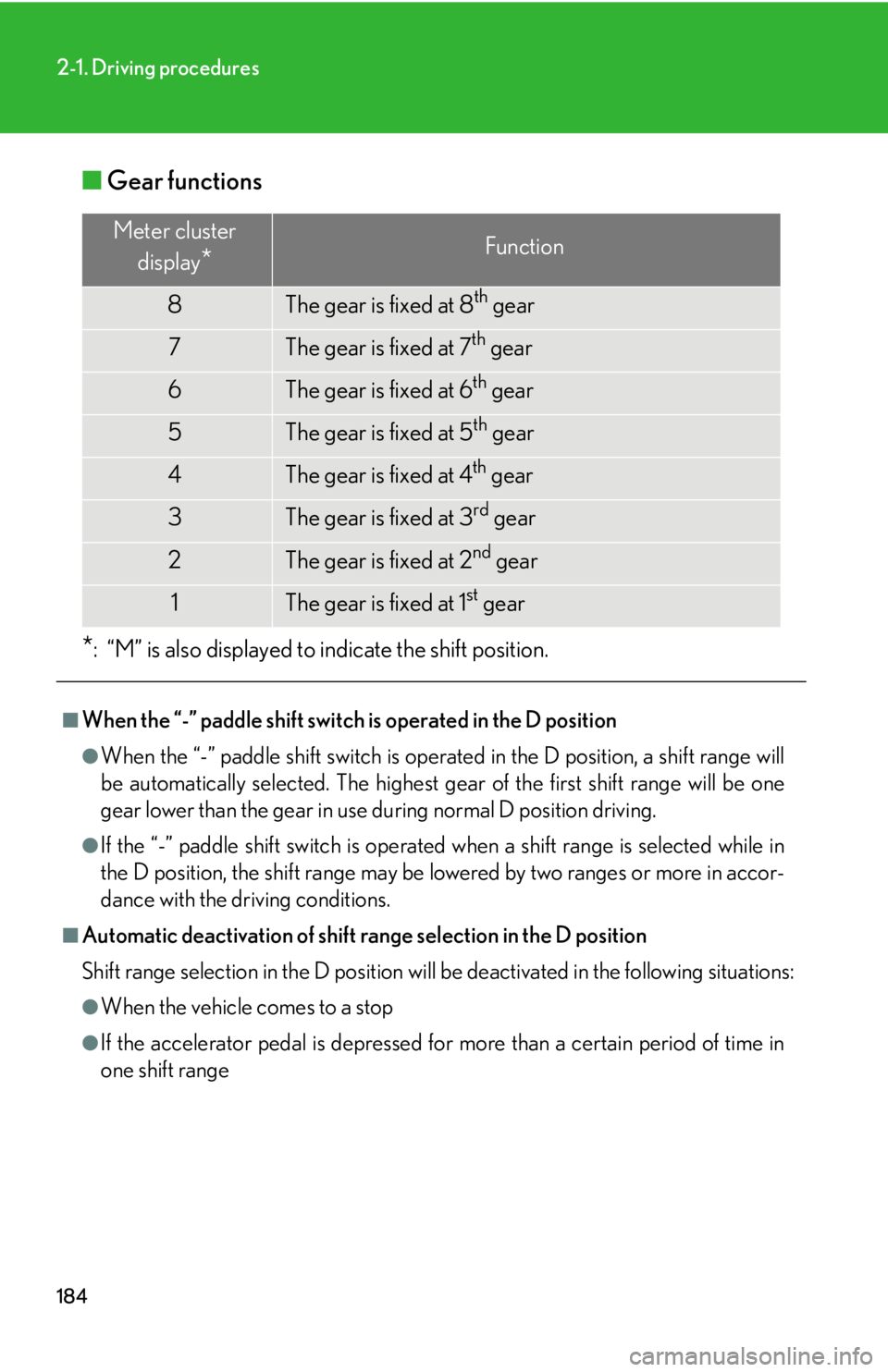 LEXUS RX350 2015 Owners Manual 1842-1. Driving procedures
■ Gear functions
* : “M” is also displayed to indicate the shift position.■
When the “-” paddle shift switch is operated in the D position ●
When the “-” p LEXUS RX350 2015 Owners Manual 1842-1. Driving procedures
■ Gear functions
* : “M” is also displayed to indicate the shift position.■
When the “-” paddle shift switch is operated in the D position ●
When the “-” p