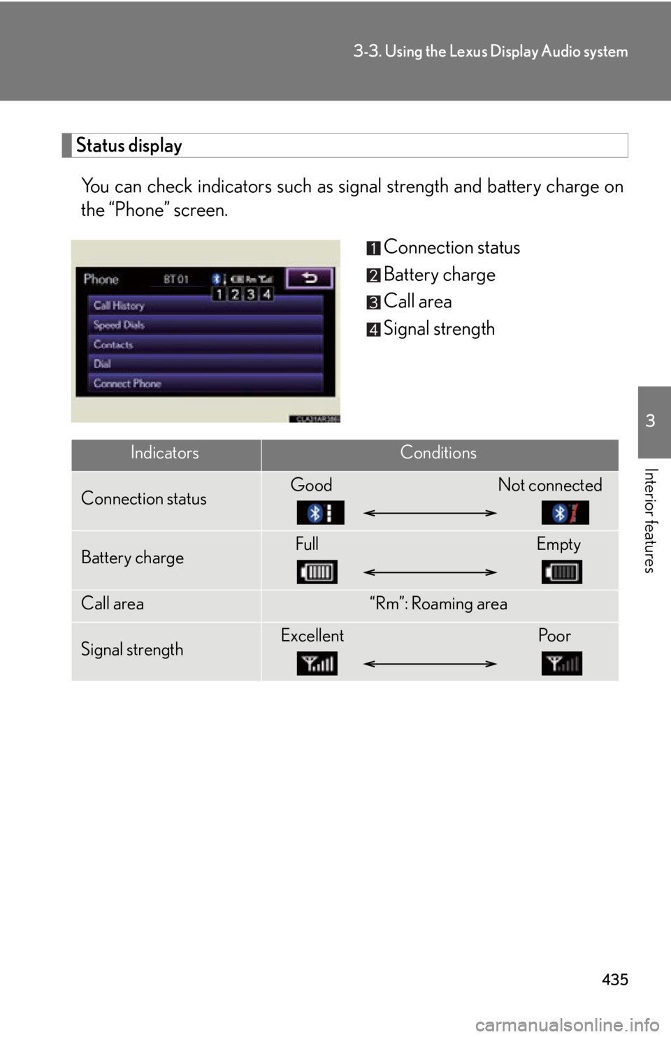 LEXUS RX350 2015  Owners Manual 4353-3. Using the Lexus Display Audio system
3
Interior features Status display
You can check indicators such as  signal strength an d battery charge on
the “Phone” screen.
Connection status
Batte