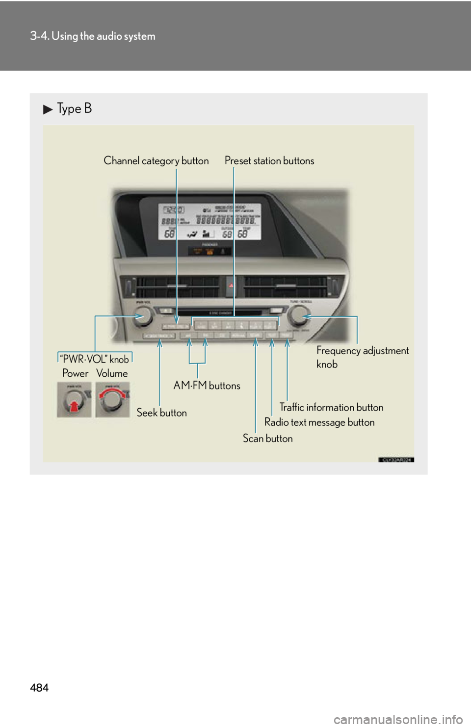 LEXUS RX350 2015  Owners Manual 4843-4. Using the audio system
Type B
Traffic information buttonPreset station buttons
Radio text message button
Scan buttonSeek buttonChannel category button
Frequency adjustment 
knob
AM
FM butto