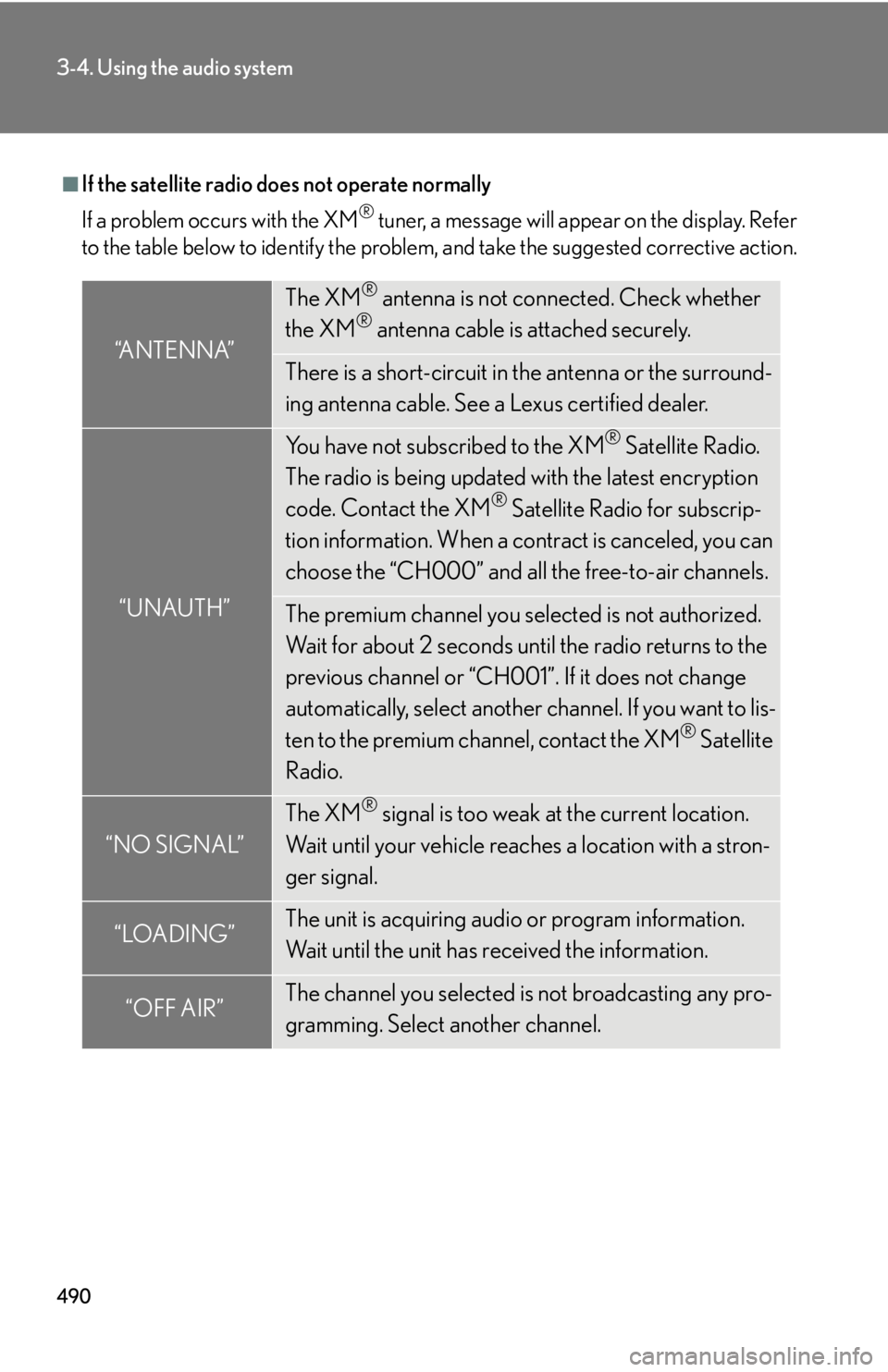 LEXUS RX350 2015 Owners Manual 4903-4. Using the audio system
■
If the satellite radio does not operate normally
If a problem occurs with the XM ®
tuner, a message will appear on the display. Refer
to the table below to identif LEXUS RX350 2015 Owners Manual 4903-4. Using the audio system
■
If the satellite radio does not operate normally
If a problem occurs with the XM ®
tuner, a message will appear on the display. Refer
to the table below to identif
