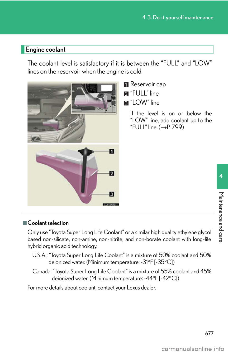 LEXUS RX350 2015  Owners Manual 6774-3. Do-it-yourself maintenance
4
Maintenance and care Engine coolant
The coolant level is satisfactory if it  is between the “FULL” and “LOW”
lines on the reservoir when the engine is cold