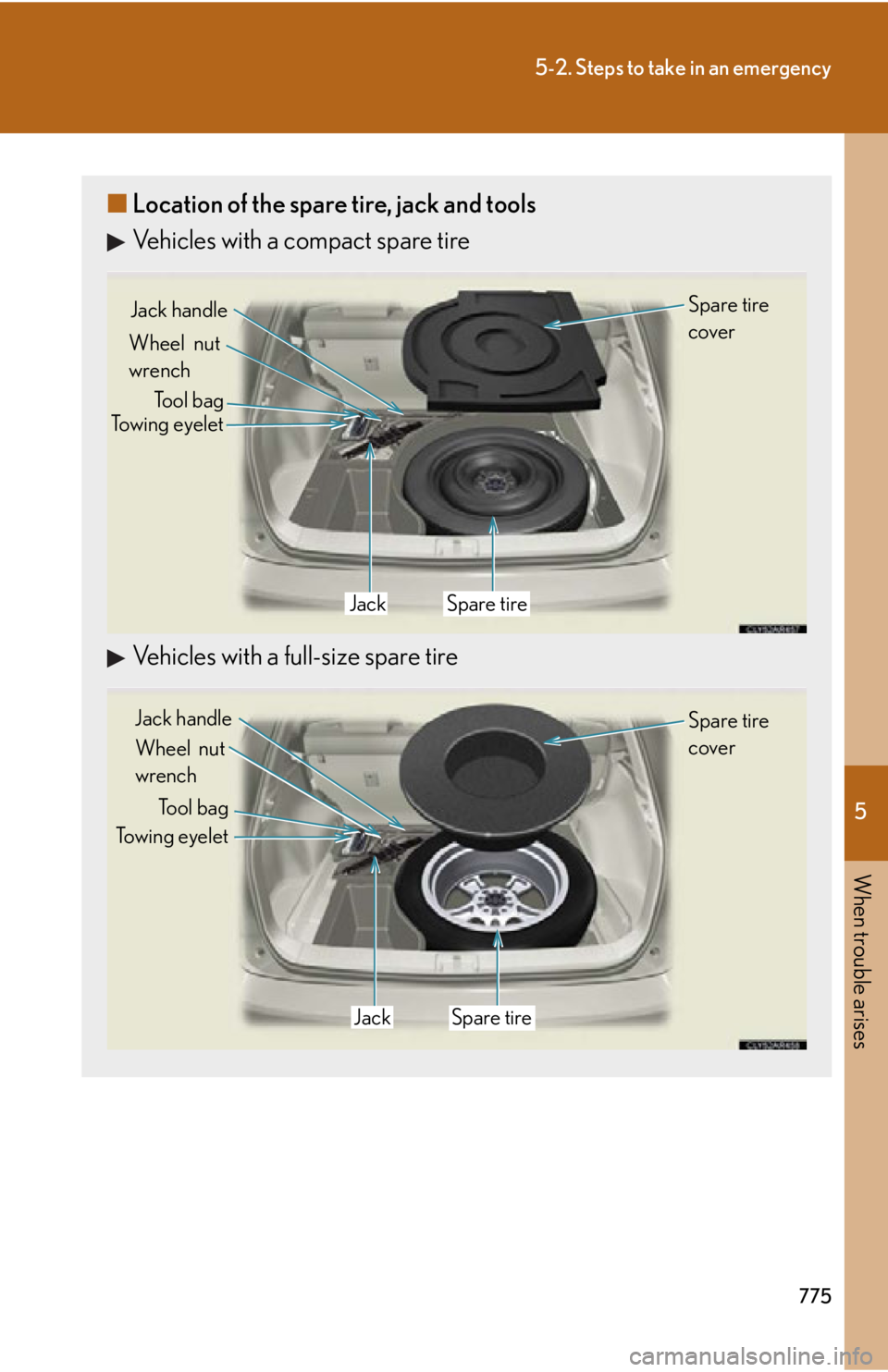 LEXUS RX350 2015  Owners Manual 5
When trouble arises
7755-2. Steps to take in an emergency
■ Location of the spare tire, jack and tools
Vehicles with a compact spare tire
Vehicles with a full-size spare tire Towing eyelet Tool ba