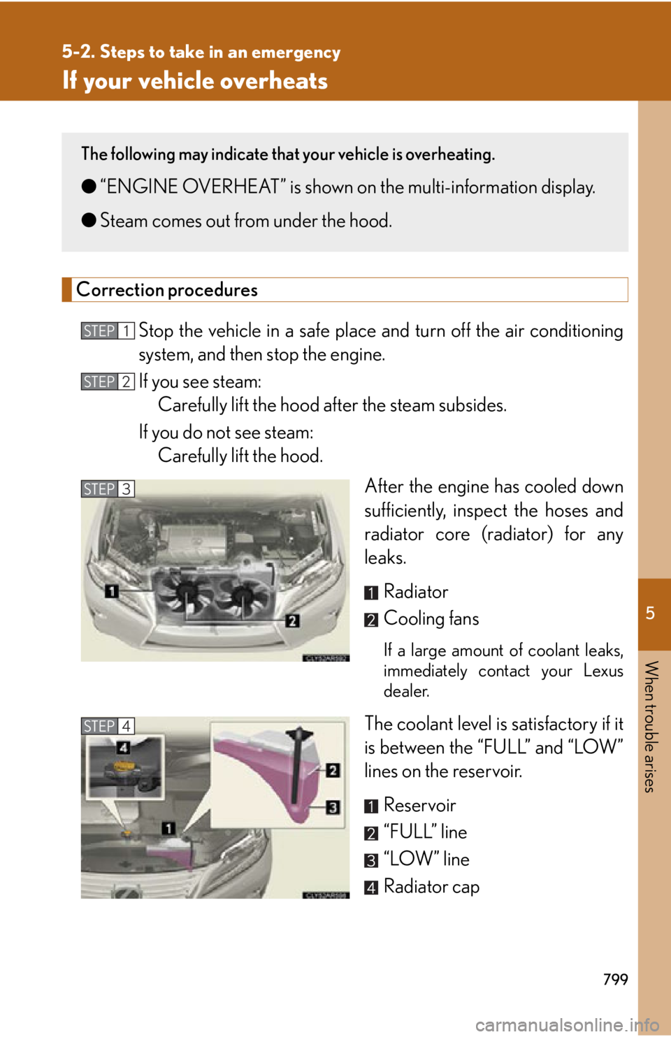 LEXUS RX350 2015  Owners Manual 5
When trouble arises
7995-2. Steps to take in an emergency
If your vehicle overheats
Correction procedures
Stop the vehicle in a safe place  and turn off the air conditioning
system, and then stop th