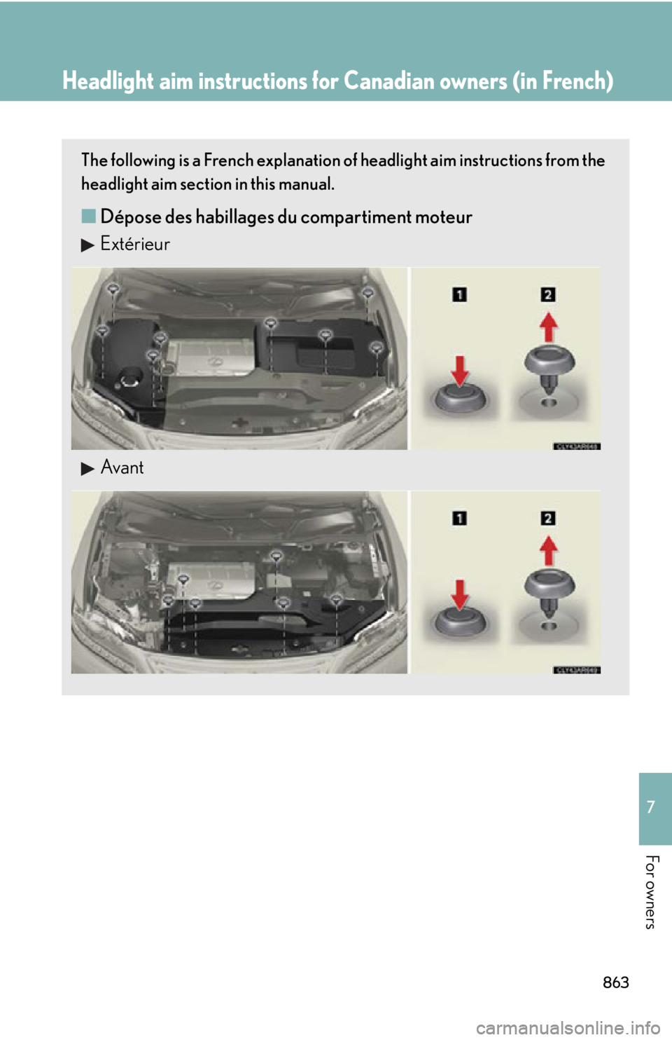 LEXUS RX350 2015  Owners Manual 8637
For owners Headlight aim instructions for  Canadian owners (in French)The following is a French explanation of headlight aim instructions from the
headlight aim section in this manual.
■ Dépos