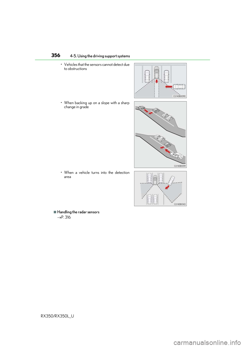 LEXUS RX350 2019  Owners Manual 356 4-5. Using the driving support systems
RX350/RX350L_U ■
Handling the radar sensors
 P. 316• Vehicles that the sens ors cannot detect due
to obstructions
• When backing up on a slope with 