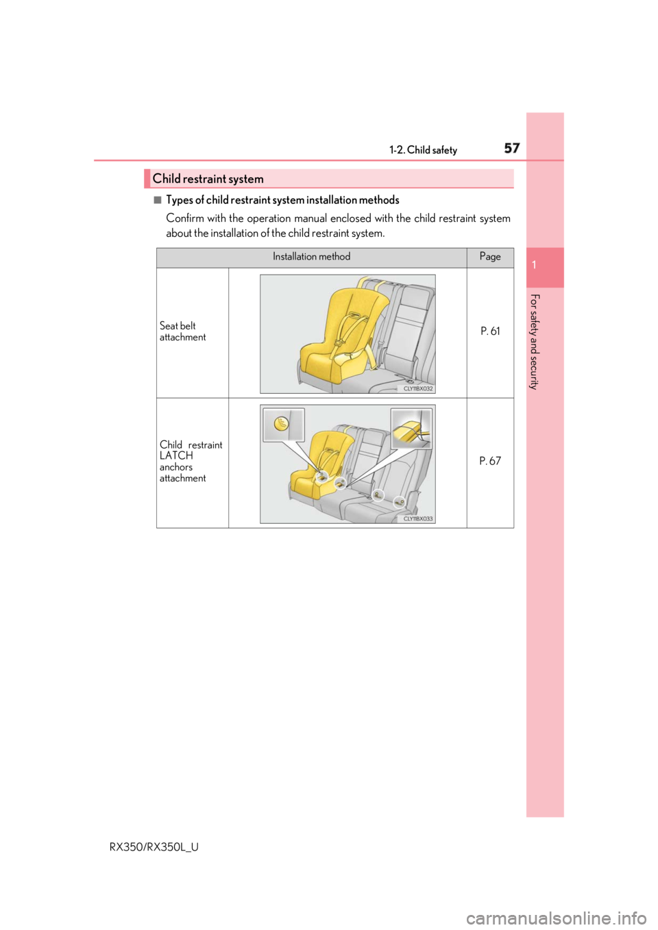 LEXUS RX350 2019  Owners Manual 571-2. Child safety
1
For safety and security
RX350/RX350L_U ■
Types of child restraint system installation methods
Confirm with the operation manual encl osed with the child restraint system
about 