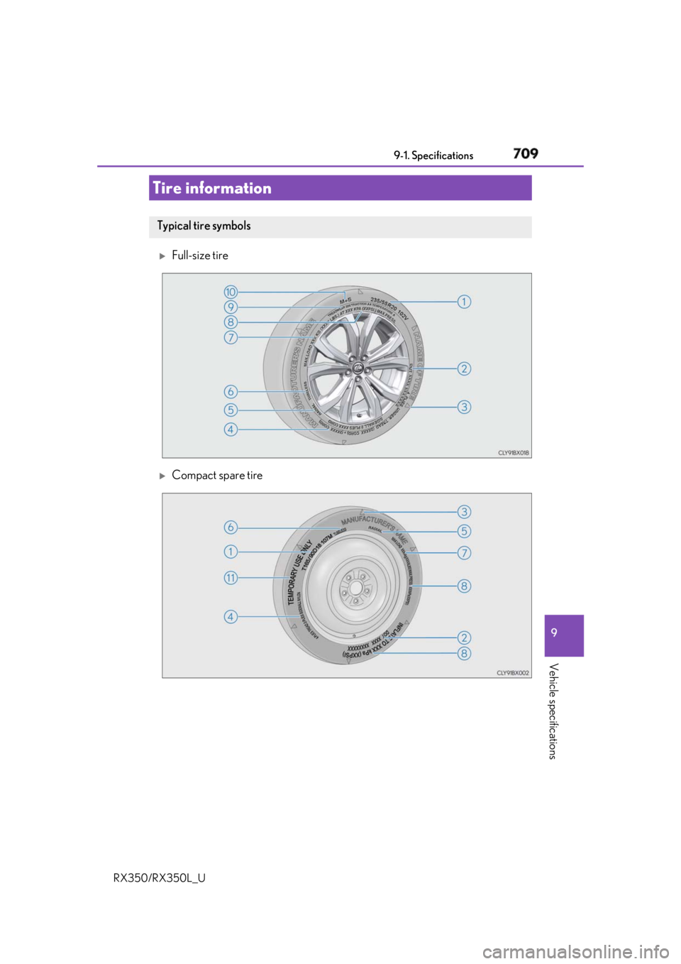 LEXUS RX350 2019  Owners Manual 7099-1. Specifications
9
Vehicle specifications
RX350/RX350L_U 
Full-size tire 
Compact spare tireTire information Typical tire symbols 