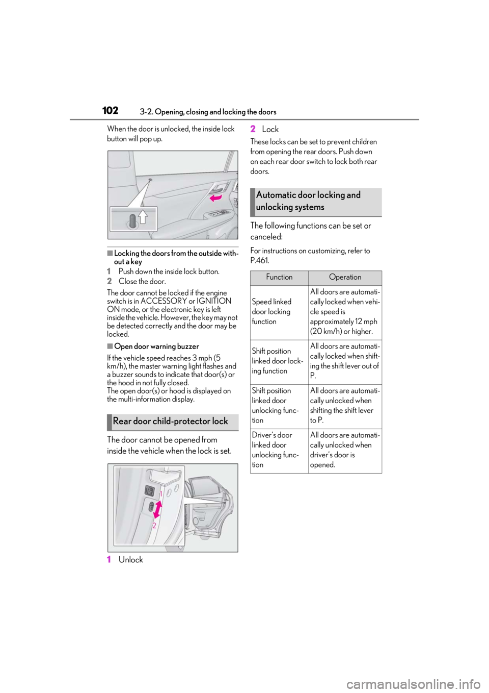 LEXUS RX350 2021  Owners Manual 1023-2. Opening, closing and locking the doors
When the door is unlocked, the inside lock 
button will pop up.
■Locking the doors from the outside with-
out a key
1 Push down the inside lock button.