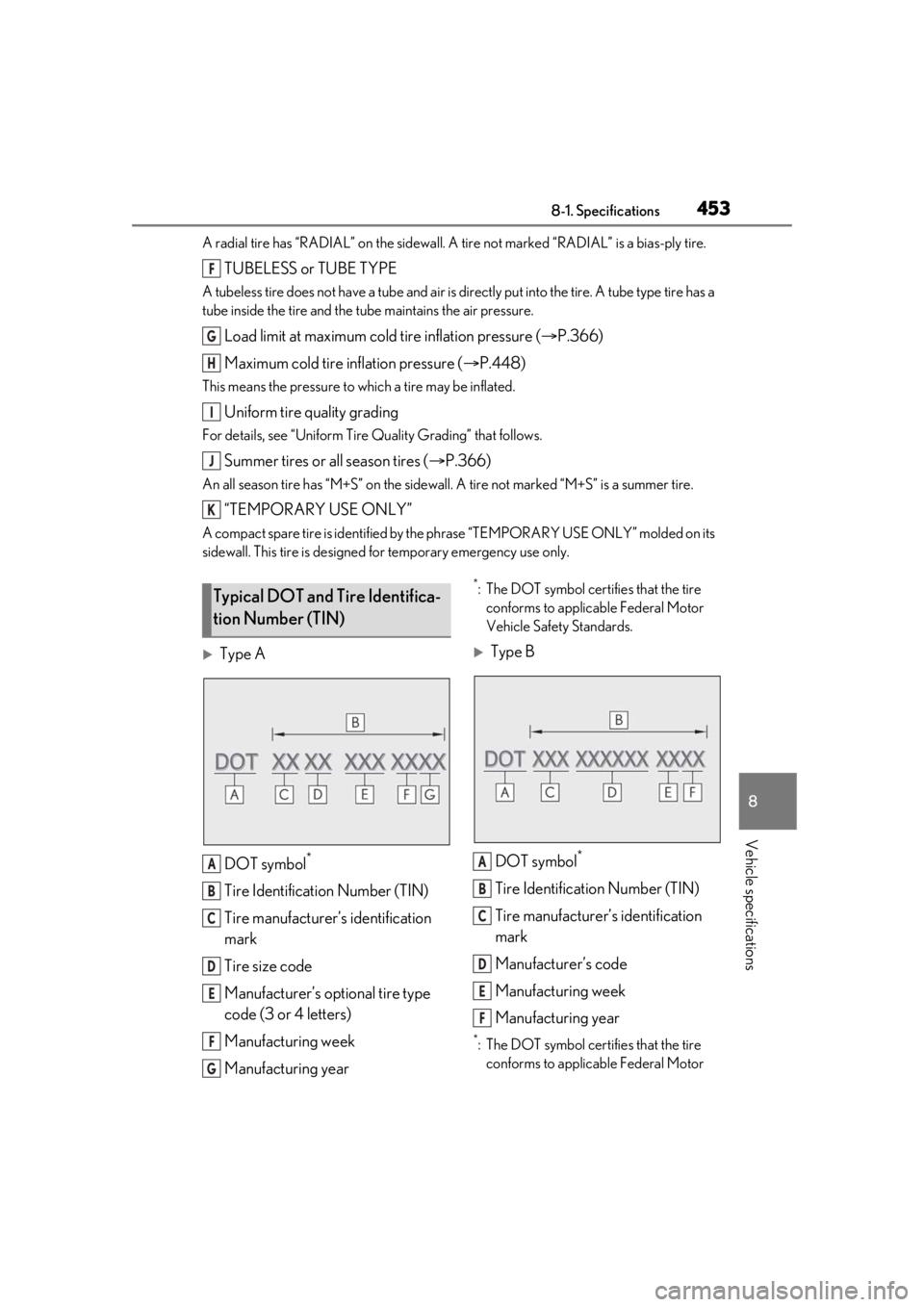LEXUS RX350 2021  Owners Manual 4538-1. Specifications
8
Vehicle specifications
A radial tire has “RADIAL” on the sidewall. A tire not marked  “RADIAL” is a bias-ply tire.
TUBELESS or TUBE TYPE
A tubeless tire does not have 