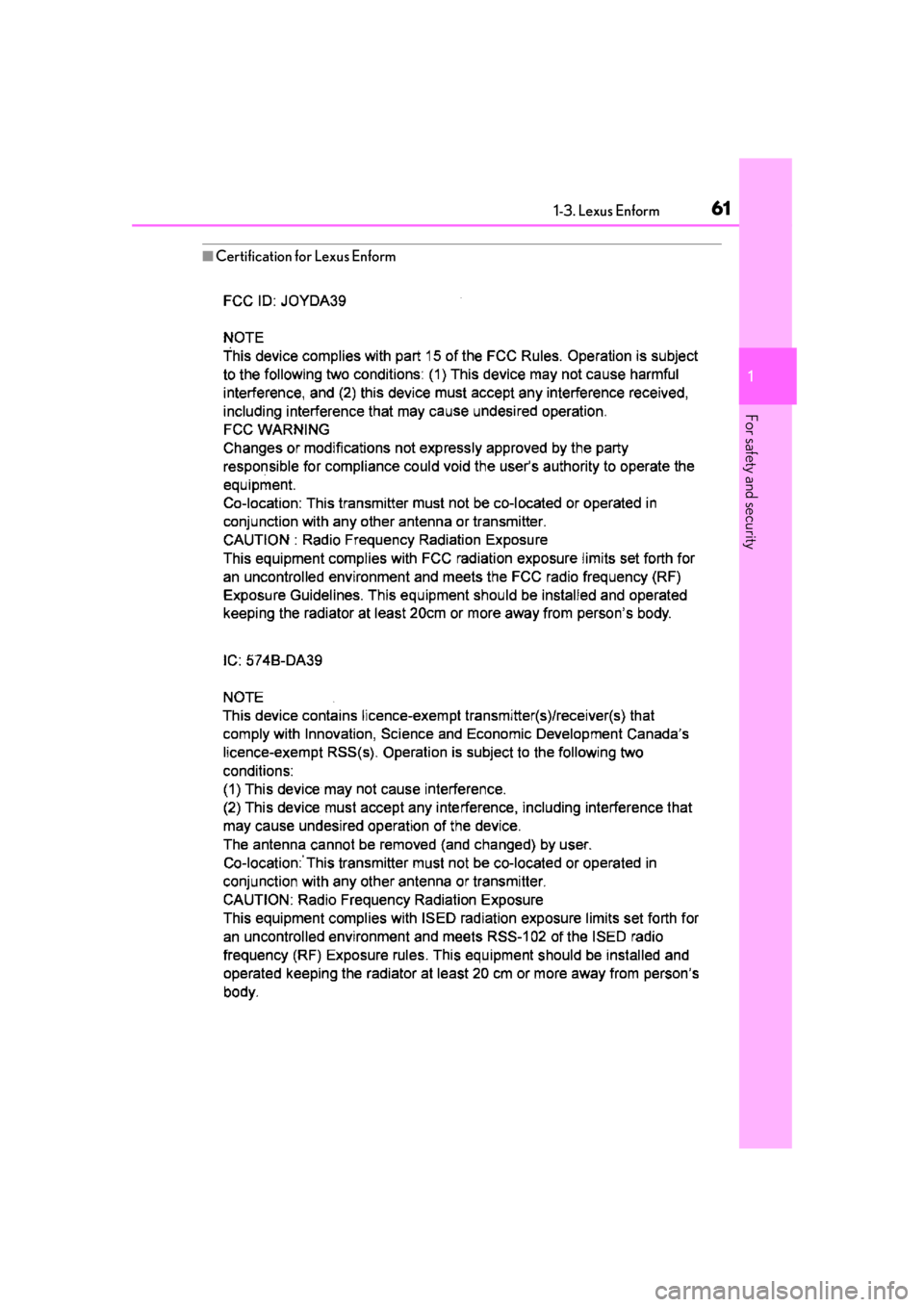 LEXUS RX350 2021  Owners Manual 611-3. Lexus Enform
1
For safety and security
■Certification for Lexus Enform 