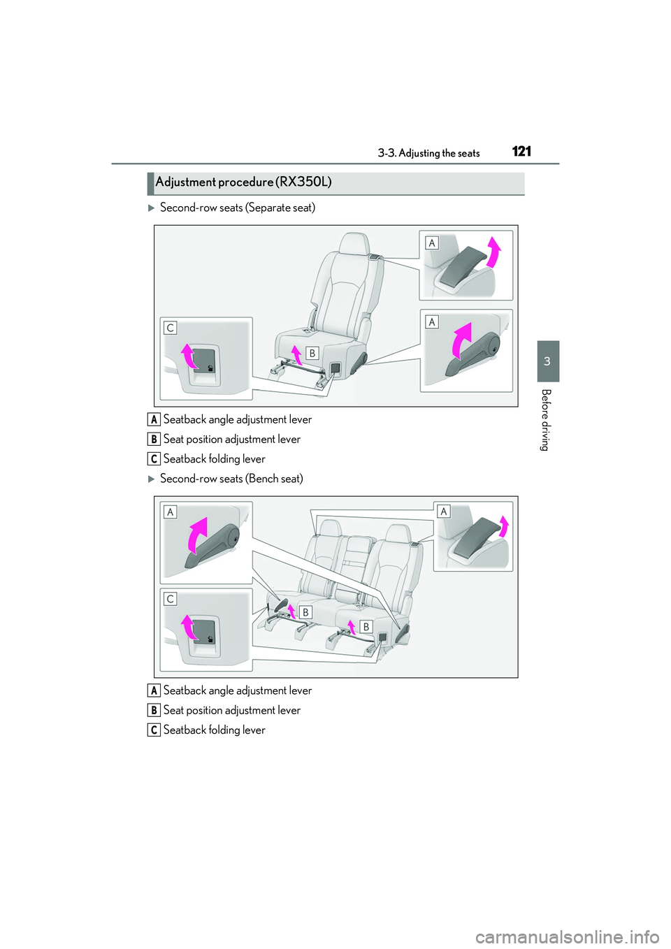 LEXUS RX350 2022  Owners Manual 1213-3. Adjusting the seats
3
Before driving
Second-row seats (Separate seat)Seatback angle adjustment lever
Seat position adjustment lever
Seatback folding lever
Second-row seats (Bench seat)Se