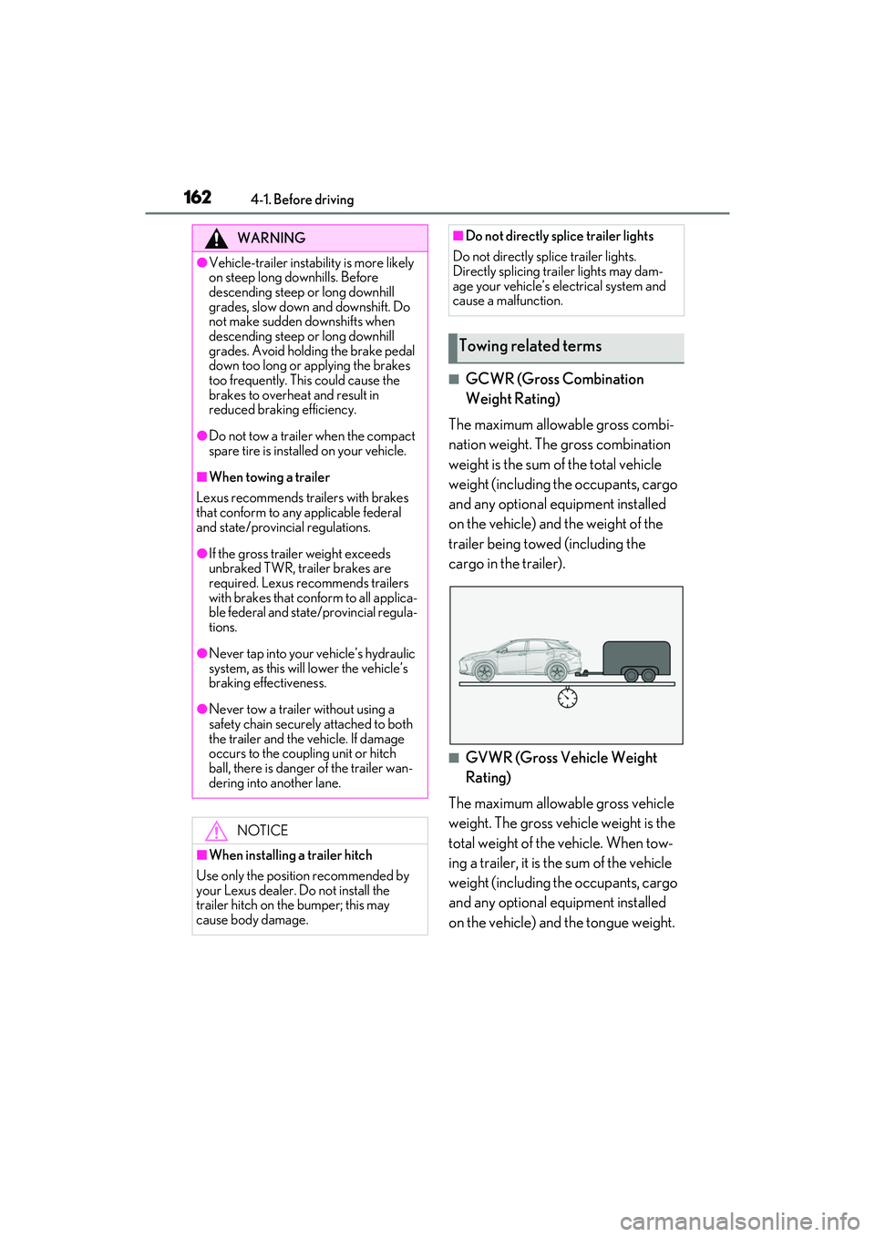 LEXUS RX350 2022  Owners Manual 1624-1. Before driving
■GCWR (Gross Combination 
Weight Rating)
The maximum allowable gross combi-
nation weight. The gross combination 
weight is the sum of the total vehicle 
weight (including the
