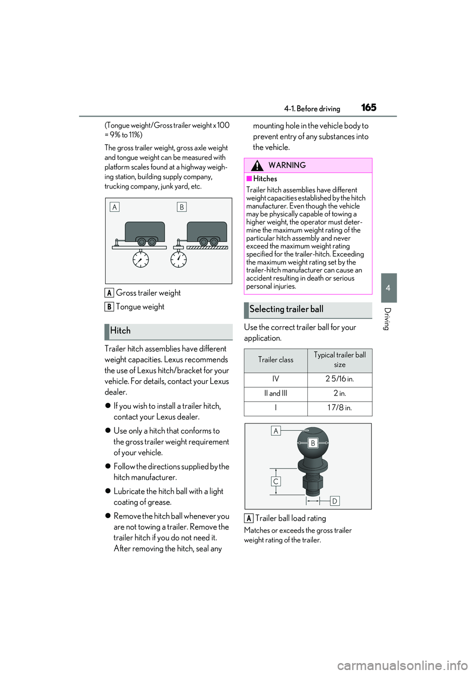 LEXUS RX350 2022  Owners Manual 1654-1. Before driving
4
Driving
(Tongue weight/Gross trailer weight x 100 
= 9% to 11%)
The gross trailer weight, gross axle weight 
and tongue weight can be measured with 
platform scales found at a