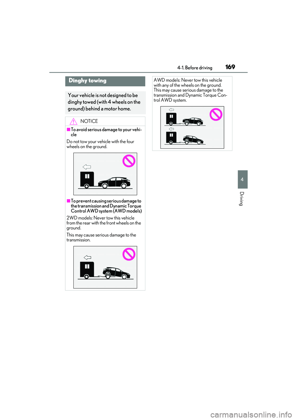 LEXUS RX350 2022  Owners Manual 1694-1. Before driving
4
Driving
Dinghy towing
Your vehicle is not designed to be 
dinghy towed (with 4 wheels on the 
ground) behind a motor home.
NOTICE
■To avoid serious damage to your vehi-
cle
