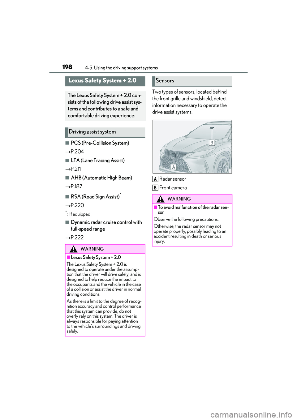 LEXUS RX350 2022  Owners Manual 1984-5. Using the driving support systems
4-5.Using the driving support systems
■PCS (Pre-Collision System)
 P.204
■LTA (Lane Tracing Assist)
 P.211
■AHB (Automatic High Beam)
 P.187
