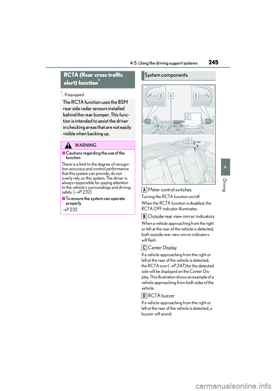 LEXUS RX350 2022  Owners Manual 2454-5. Using the driving support systems
4
Driving
*:If equipped
Meter control switches
Turning the RCTA function on/off.
When the RCTA function is disabled, the 
RCTA OFF indicator illuminates.
Outs