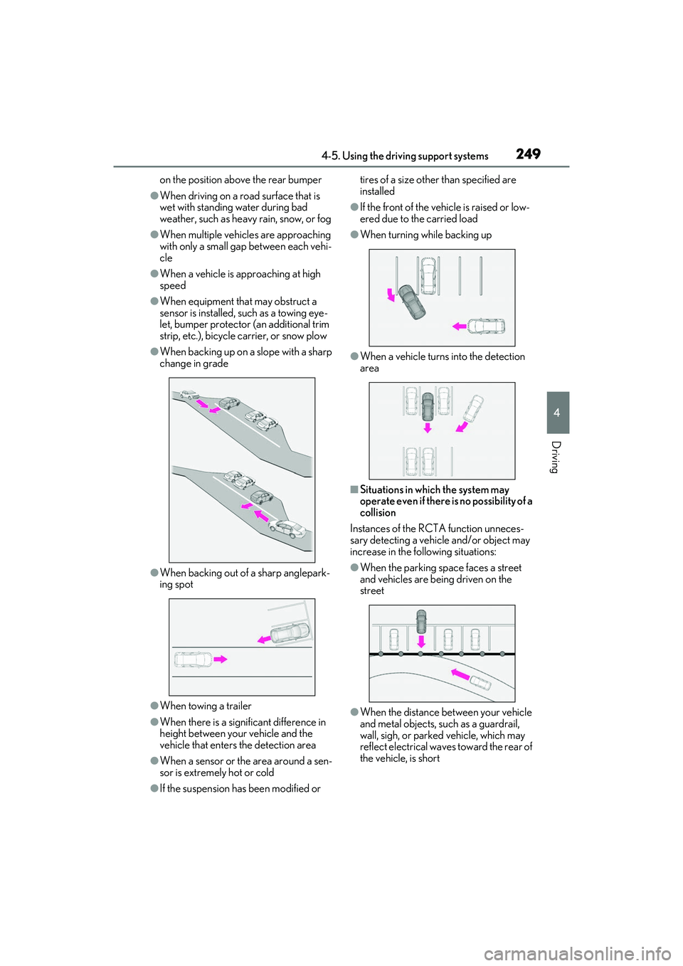 LEXUS RX350 2022  Owners Manual 2494-5. Using the driving support systems
4
Driving
on the position above the rear bumper
●When driving on a road surface that is 
wet with standing water during bad 
weather, such as heavy rain, sn