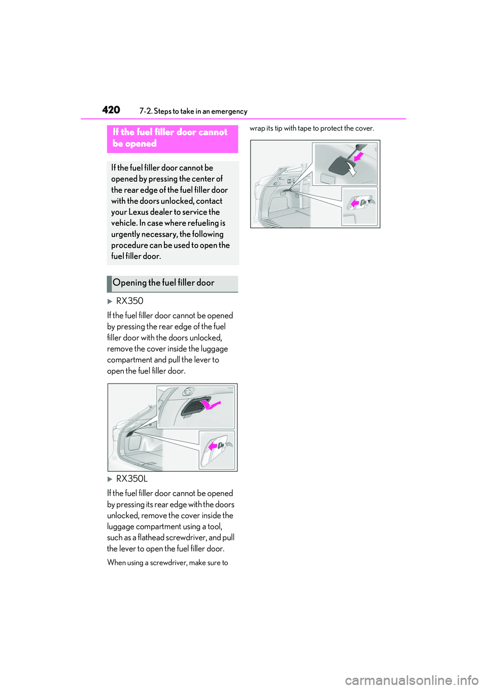 LEXUS RX350 2022  Owners Manual 4207-2. Steps to take in an emergency
RX350
If the fuel filler door cannot be opened 
by pressing the rear edge of the fuel 
filler door with th e doors unlocked, 
remove the cover inside the lugga