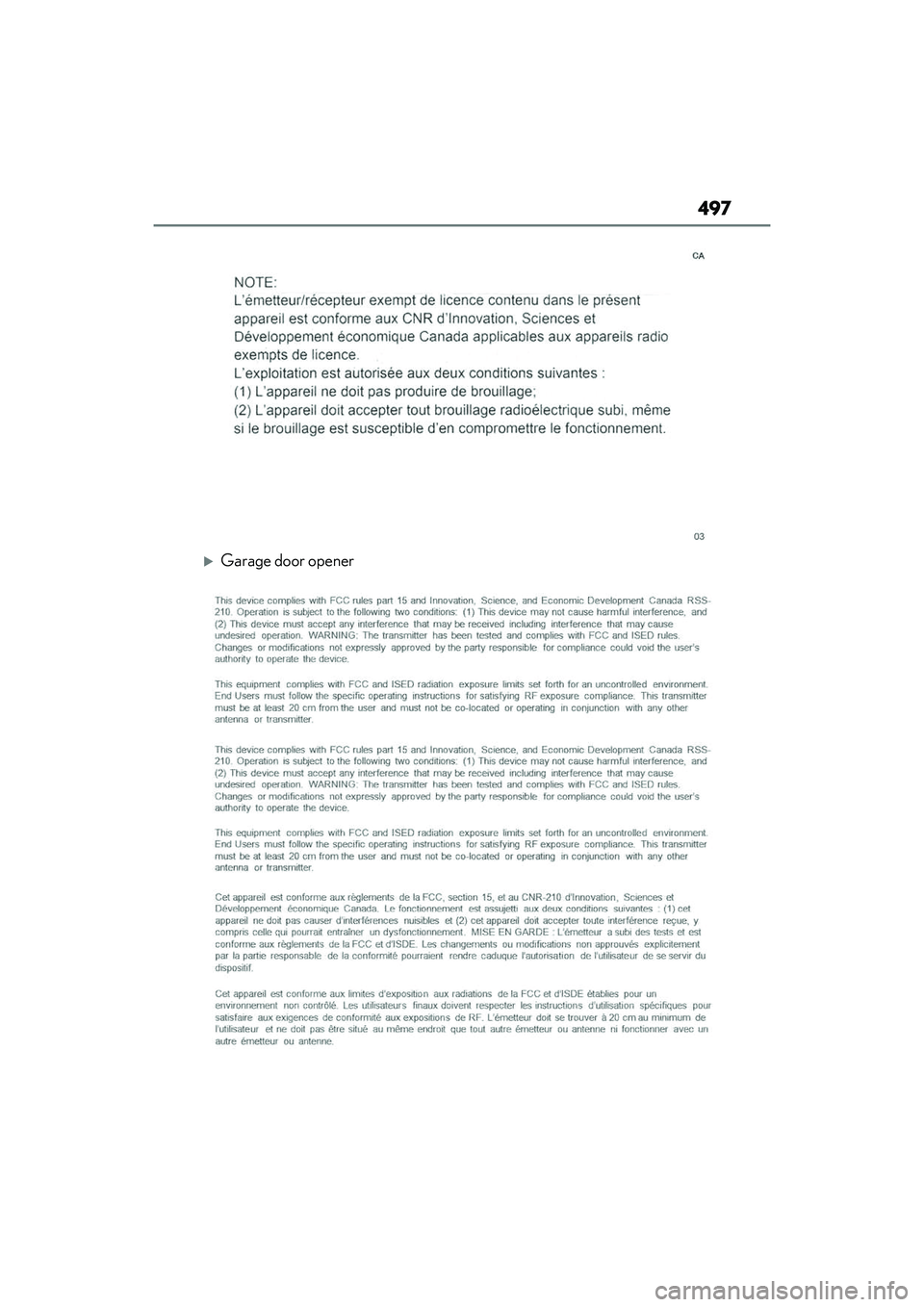 LEXUS RX350 2022  Owners Manual 497
Garage door opener 