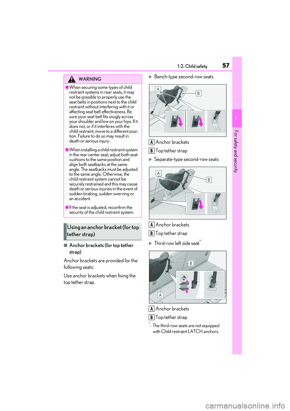 LEXUS RX350 2022  Owners Manual 571-2. Child safety
1
For safety and security
■Anchor brackets (for top tether 
strap)
Anchor brackets are provided for the 
following seats:
Use anchor brackets when fixing the 
top tether strap.
